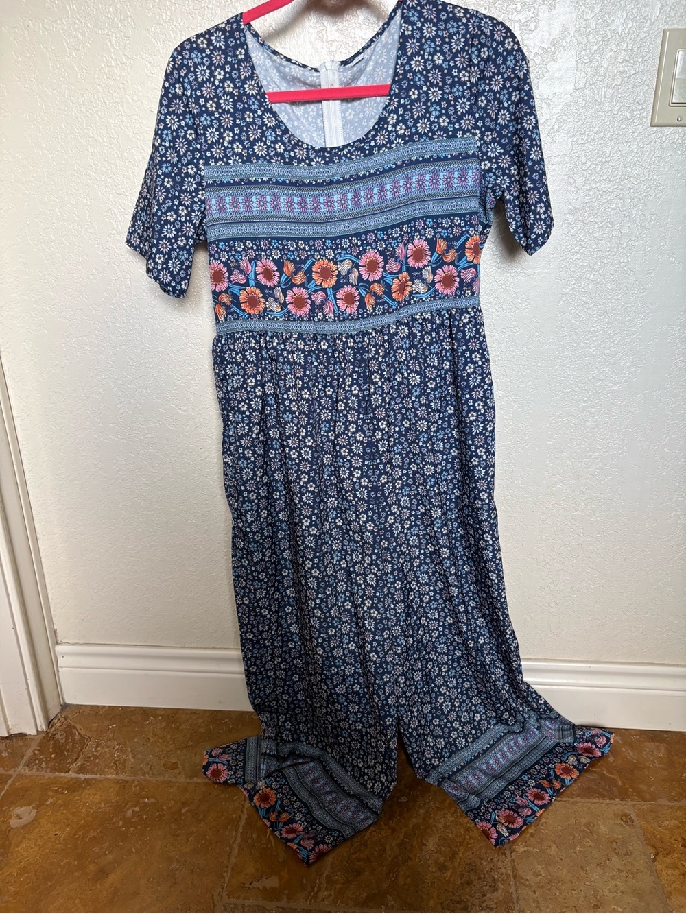 SHEIN Navy Blue Floral Jumpsuit with Pink & Orange Accents